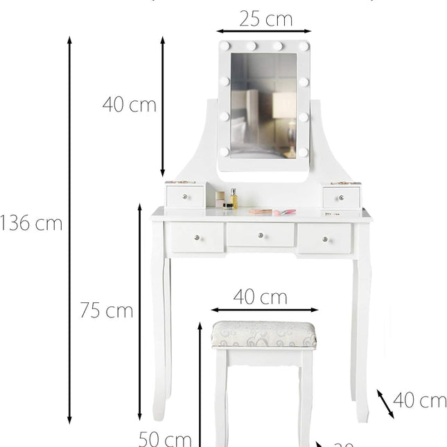Tocador elegante blanco con taburete espejo led