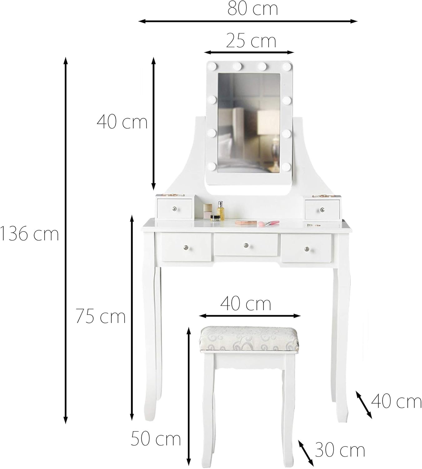 Tocador elegante blanco con taburete espejo led