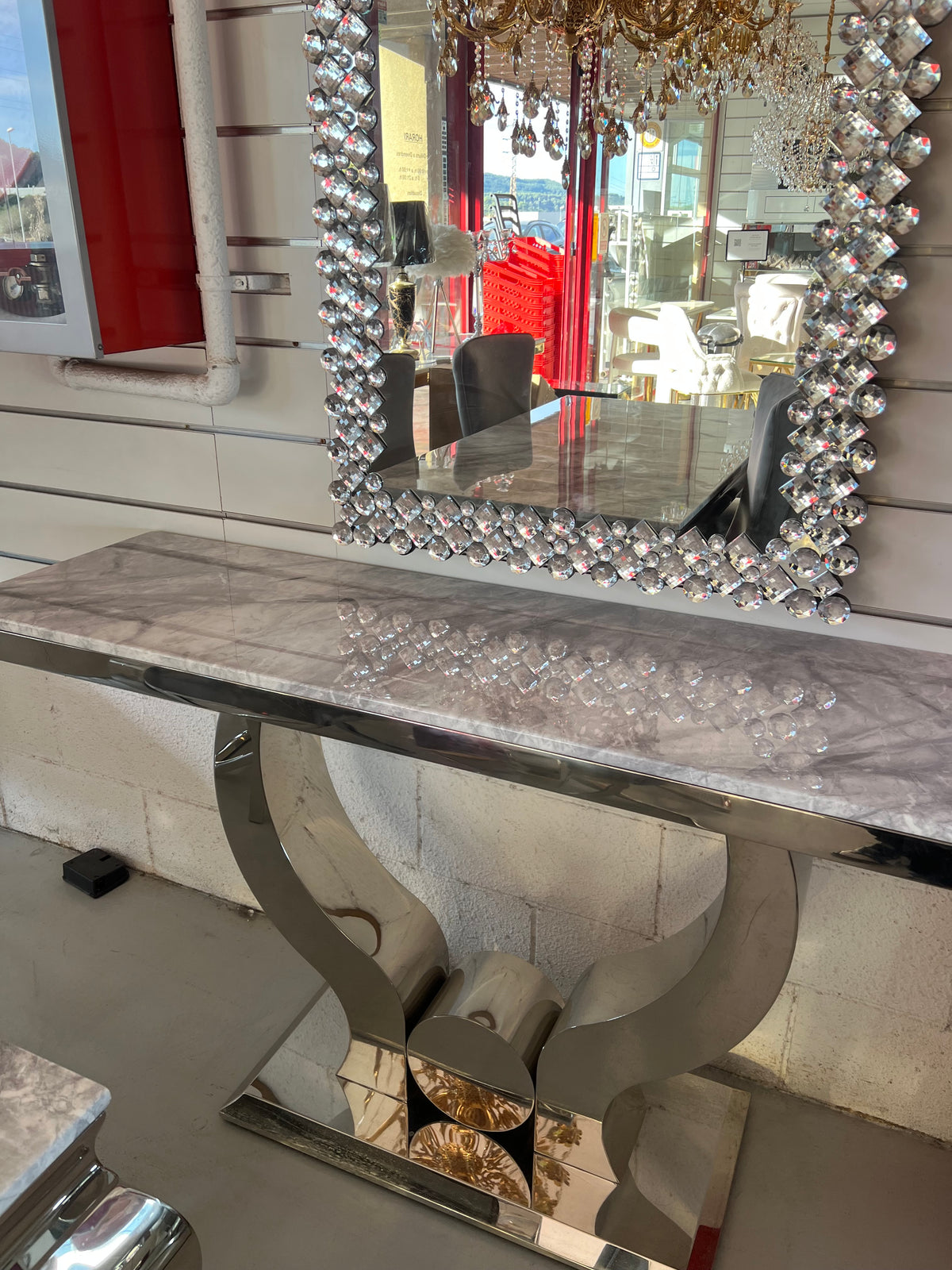 Mesa de Entrada de Mármol Gris y Acero Plateado – Consola 160 × 45 × 85 cm