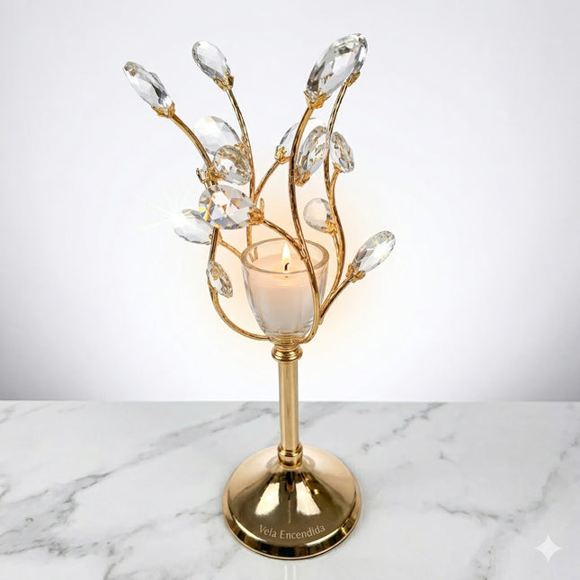 Elegante castiçal em cristal e metal dourado com design floral – 28 cm