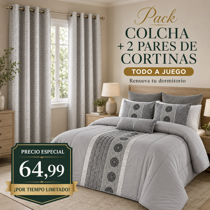 Pack Siena Plata – Colcha + 2 Pares de Cortinas a Juego