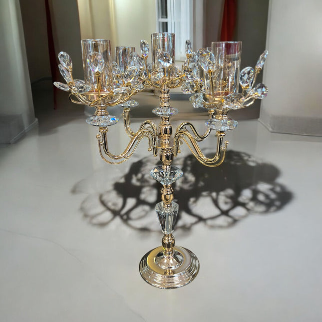 Candelabro de Cristal y Metal Dorado con 5 Brazos — Diseño de Lujo y Elegancia
