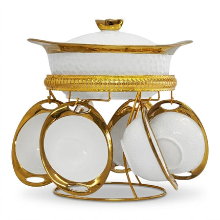 Porcelain Harira Soup Tureen with Gold Stand + 6 Cups/Bowls