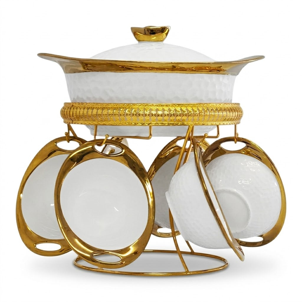 Sopera Harira de Porcelana con Soporte Dorado + 6 Tazas/cuencos