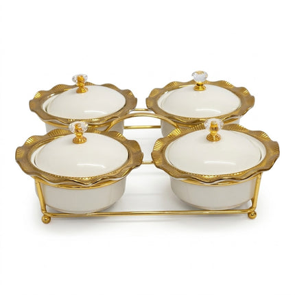 Conjunto de 4 taças de porcelana com tampas + suporte dourado — Tabuleiro para aperitivos/condimentos