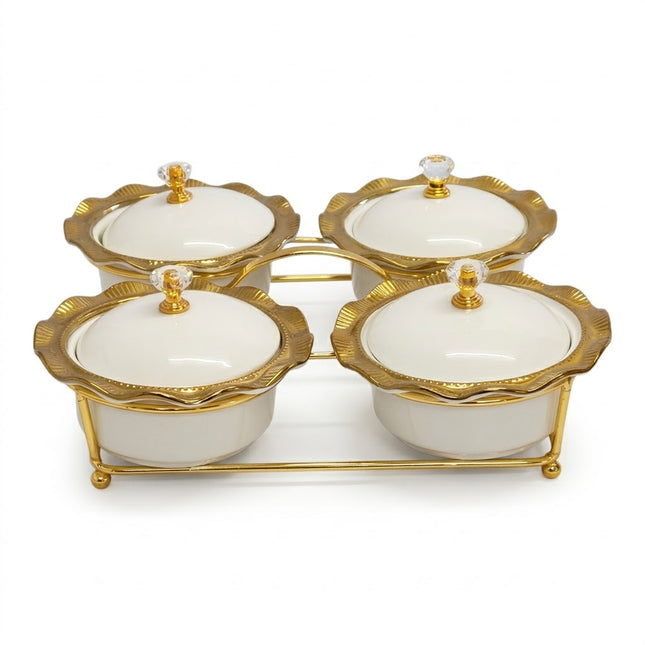 Set of 4 Porcelain Bowls with Lids + Gold Stand — Snack/Condiment Tray
