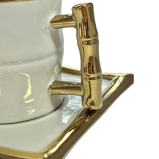 🎋Set de 6 Tazas con Plato Elegancia Bamboo – Porcelana Blanca y Oro