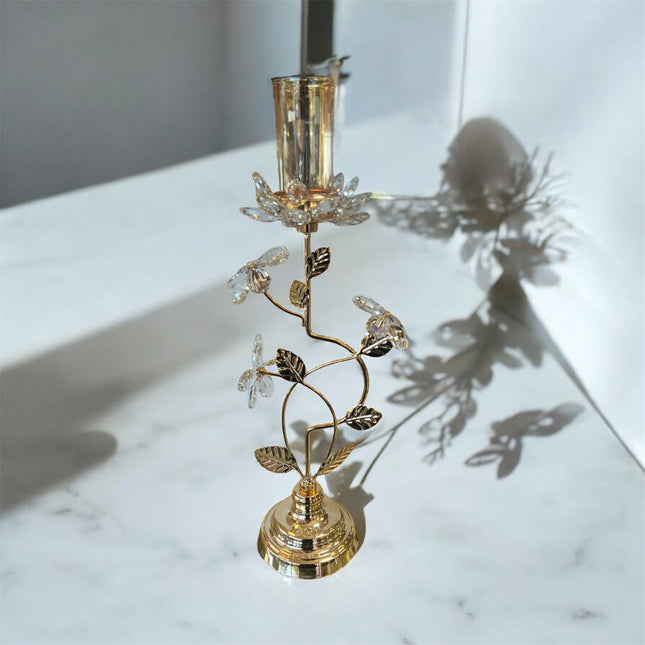 Portavelas de Cristal y Metal Dorado con Diseño Floral Decorativo