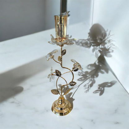 Portavelas de Cristal y Metal Dorado con Diseño Floral Decorativo