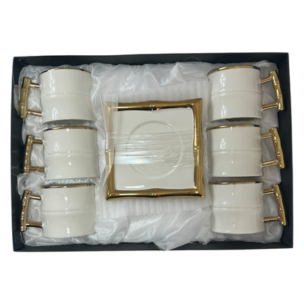 🎋Conjunto de 6 chávenas e pires Bamboo Elegance – Porcelana branca e dourada