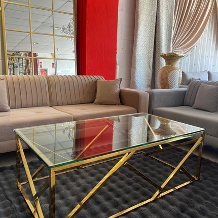 Mesa de centro de cristal y patas acero inoxidable dorado