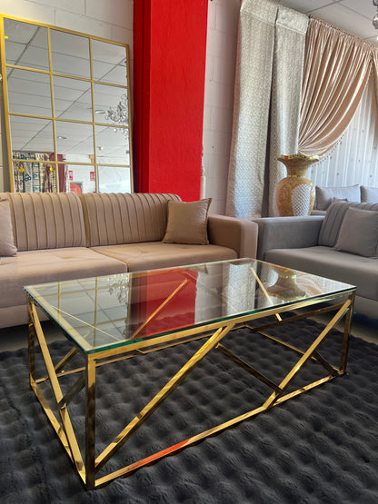 Mesa de centro de cristal y patas acero inoxidable dorado