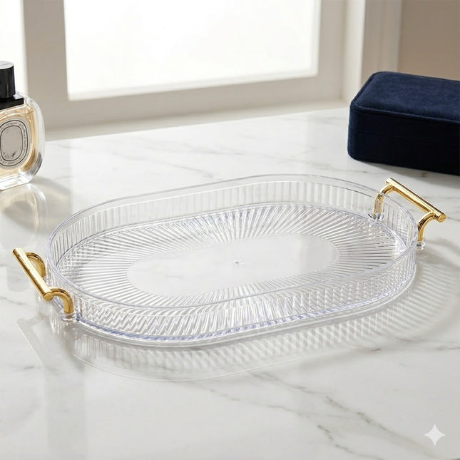 🟠 Bandeja oval grande com alças douradas – Funcionalidade e estilo em um só – Plástico transparente