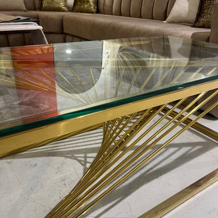 Mesa de centro de cristal y patas acero inoxidable dorado