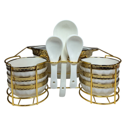 Conjunto de cozinha de 16 peças com suporte de metal – Caçarolas + Tigelas + Colheres – Estilo dourado elegante