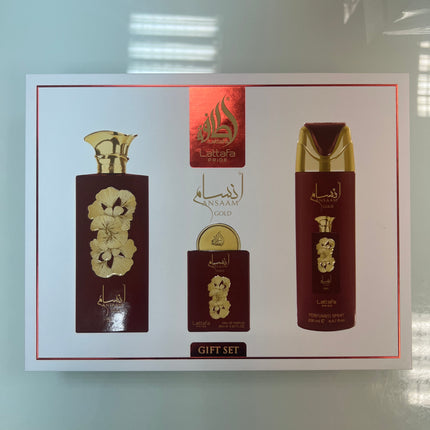 🎁 Conjunto Presente Lattafa Ansaam – Eau de Parfum 100ml + Spray Perfumado 200ml + Mini Eau de Parfum 20ml