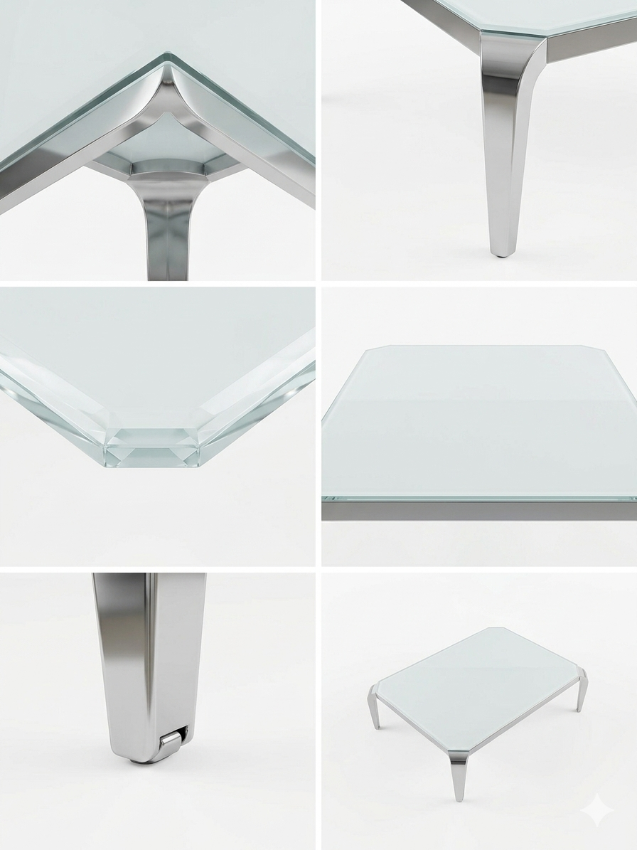 Mesa de centro de cristal blanco y patas acero plateado