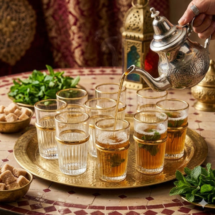 Set de 12 Vasos de Cristal con Estrías Verticales y Borde Dorado