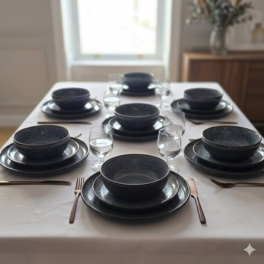 Set de Vajilla Bruma Negra con Interior Gris Jaspeado
