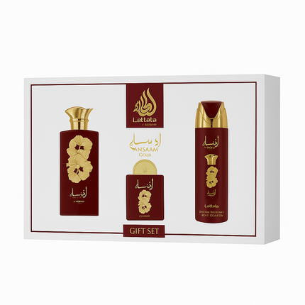 🎁 Conjunto Presente Lattafa Ansaam – Eau de Parfum 100ml + Spray Perfumado 200ml + Mini Eau de Parfum 20ml