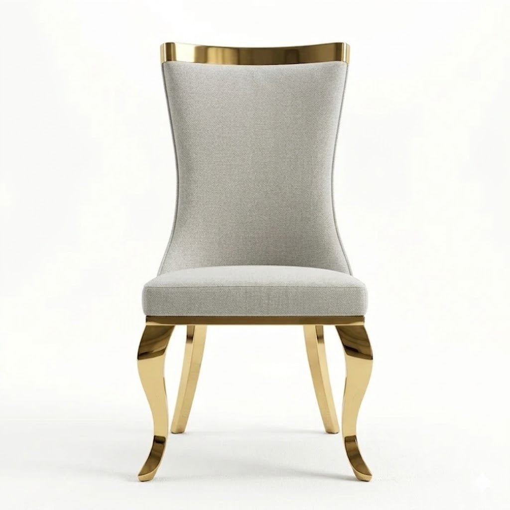 ✨ Cadeira MODELO NEFERTARI estofada em bege com acabamento dourado – Elegância moderna para o seu lar ✨