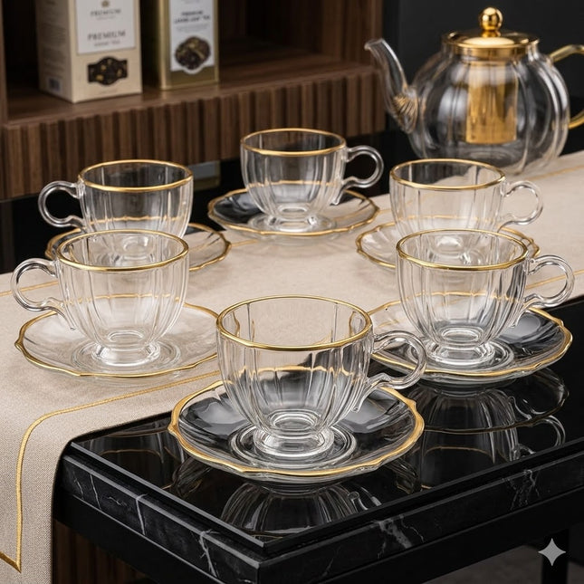Set de 6 Tazas de Cristal con Platillos – 150mL- Diseño Clásico y Elegante