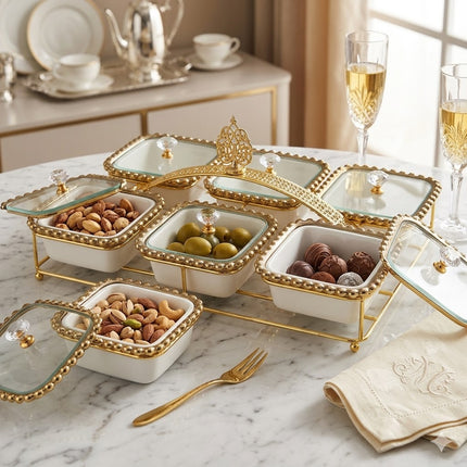 Set de Picoteo Elegante con 6 Compartimentos y Tapas – Presenta tus Aperitivos con Estilo