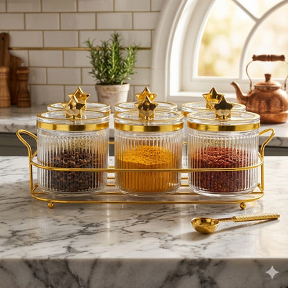 Set de 6 Frascos de Plástico Ámbar con Tapa Dorada y Base Metálica – Organizador Elegante para Cocina