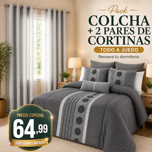 Pack Tóquio GRIS OSCURO – Colcha + 2 Pares de Cortinas a Juego