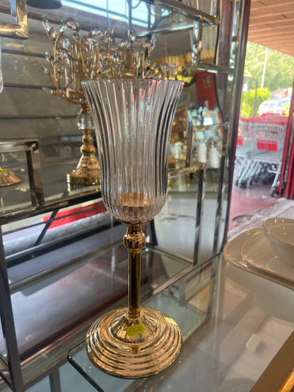 Portavelas de Cristal Acanalado con Base Dorada de Lujo