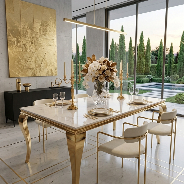 Mesa de Comedor de Diseño Contemporáneo - Mármol y Dorado 160x90x75 Alta calidad