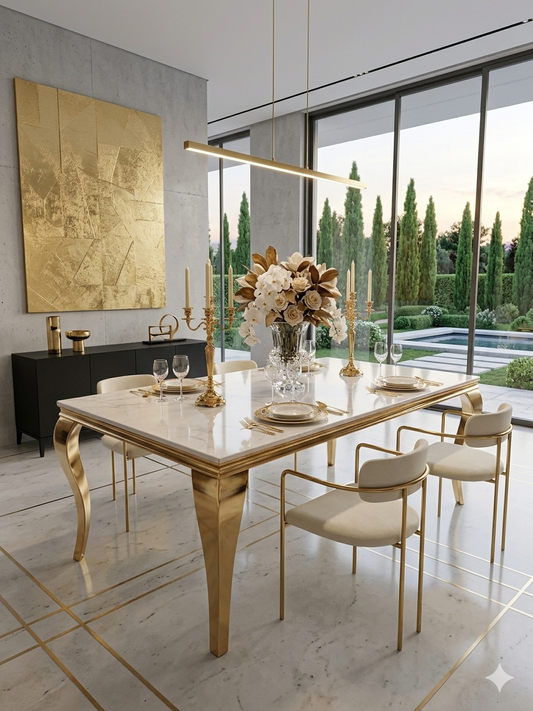 Mesa de Comedor de Diseño Contemporáneo - Mármol y Dorado 160x90x75 Alta calidad