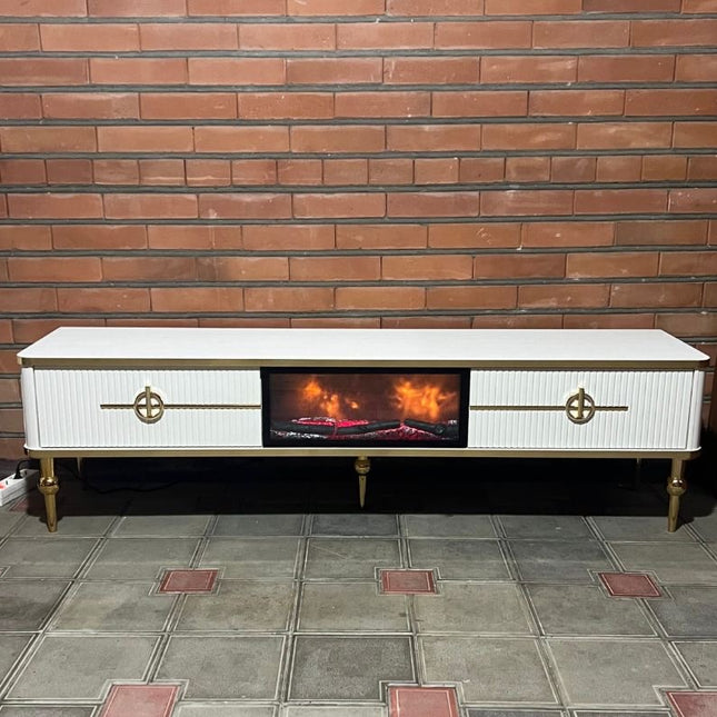 Móvel TV ASEL com lareira digital - branco com detalhes dourados