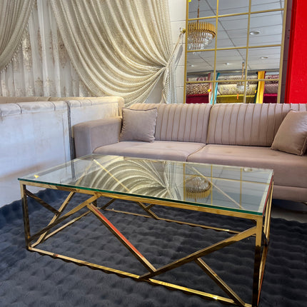 Mesa de centro de cristal y patas acero inoxidable dorado
