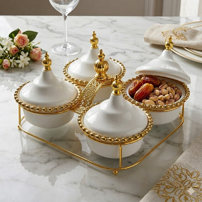 Set of 4 Mini Ceramic Tagines with Gold Details and Metal Stand