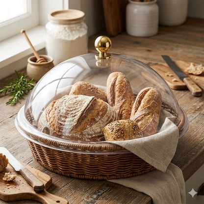 🍞 Cesta Redonda con Tapa Transparente – Diseño de Mimbre con Asa Dorada 🧺