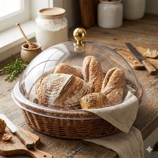 🍞 Round Basket with Transparent Lid – Wicker Design with Gold Handle 🧺
