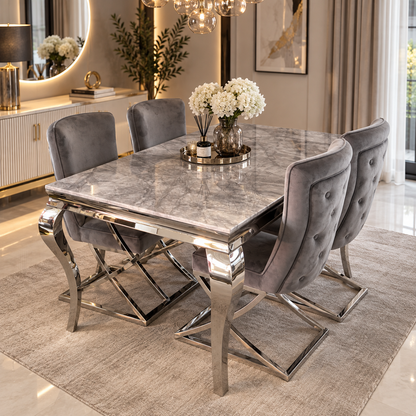 Mesa de Comedor Premium de Mármol Artificial Gris y Acero Plateado – 160 × 90 × 75 cm
