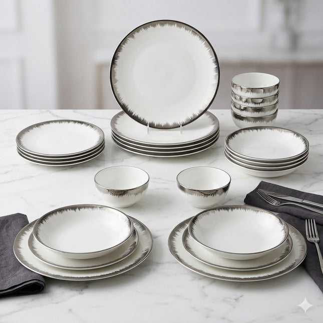 ✨ 24-Piece Dinnerware Set with Silver Rim ✨