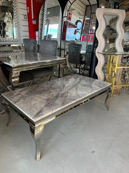 Mesa de Centro Premium de Mármol Gris y Acero Inoxidable Plateado – 130 × 70 × 45 cm