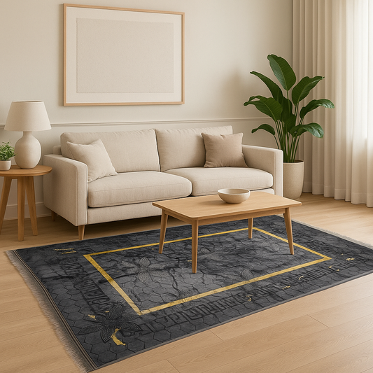 Alfombra Clásica Gris y detalles Dorados con Cenefa Negra de Inspiración Oriental – Estilo Árabe
