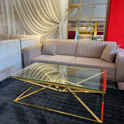 Mesa de centro de cristal y patas acero inoxidable dorado