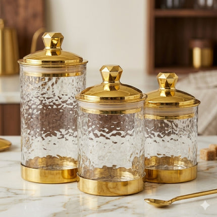 💎 Conjunto de 3 Potes de Plástico Transparente com Tampas Douradas — Design Ondulado e Elegante ✨