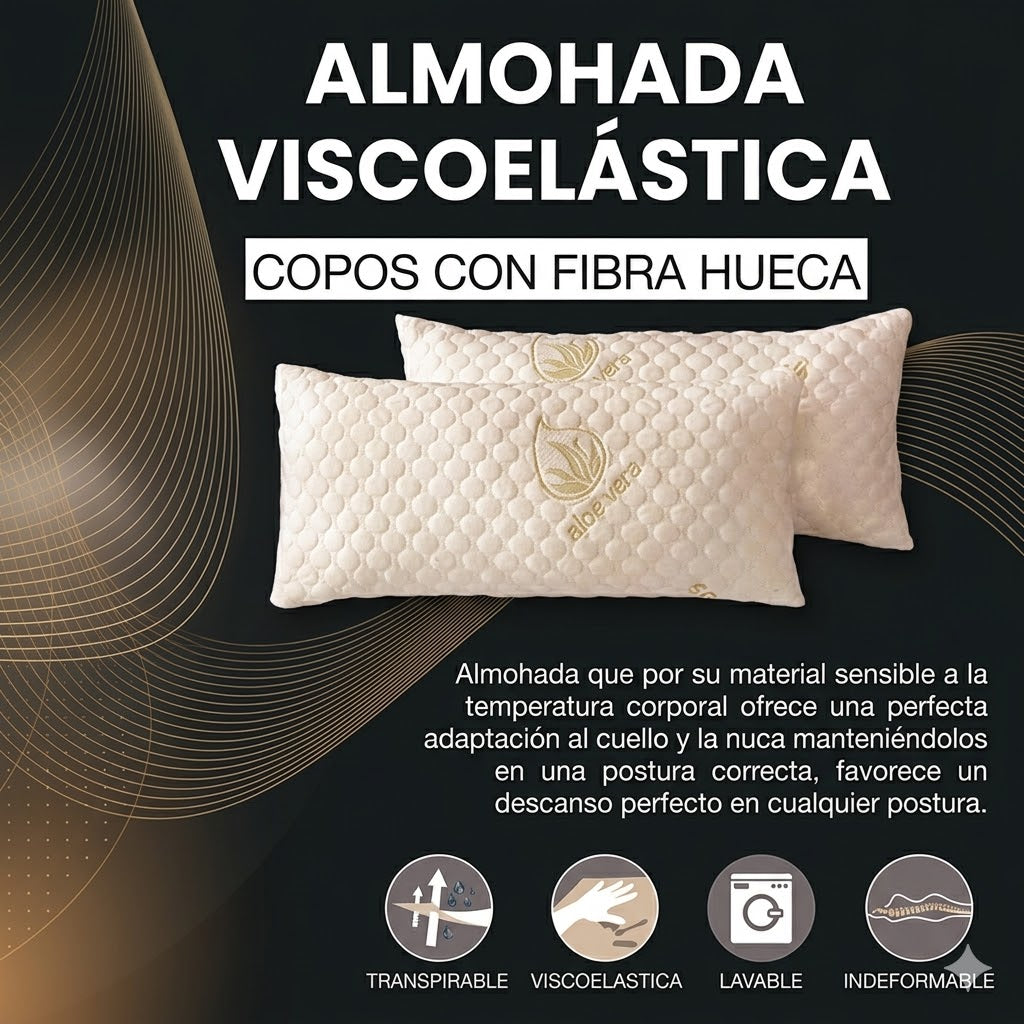 Almohada Viscoelástica Confort – Copos con Fibra Hueca, Lavable y Transpirable