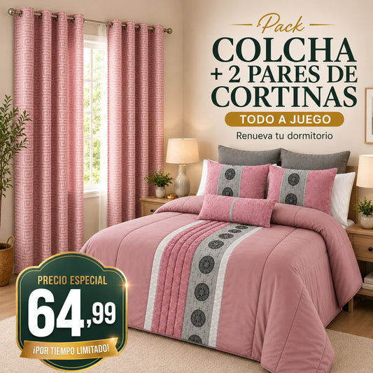 Pack Tóquio Rosa – Colcha + 2 Pares de Cortinas a Juego