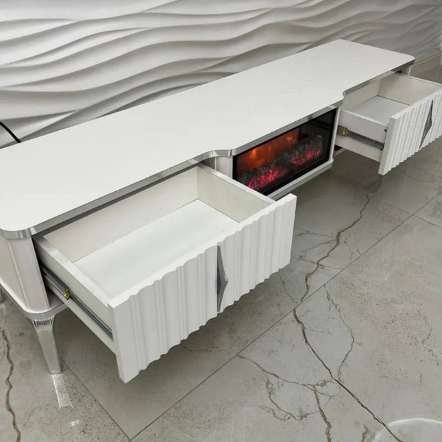 Mesa de TV com lareira digital - Branco com detalhes dourados