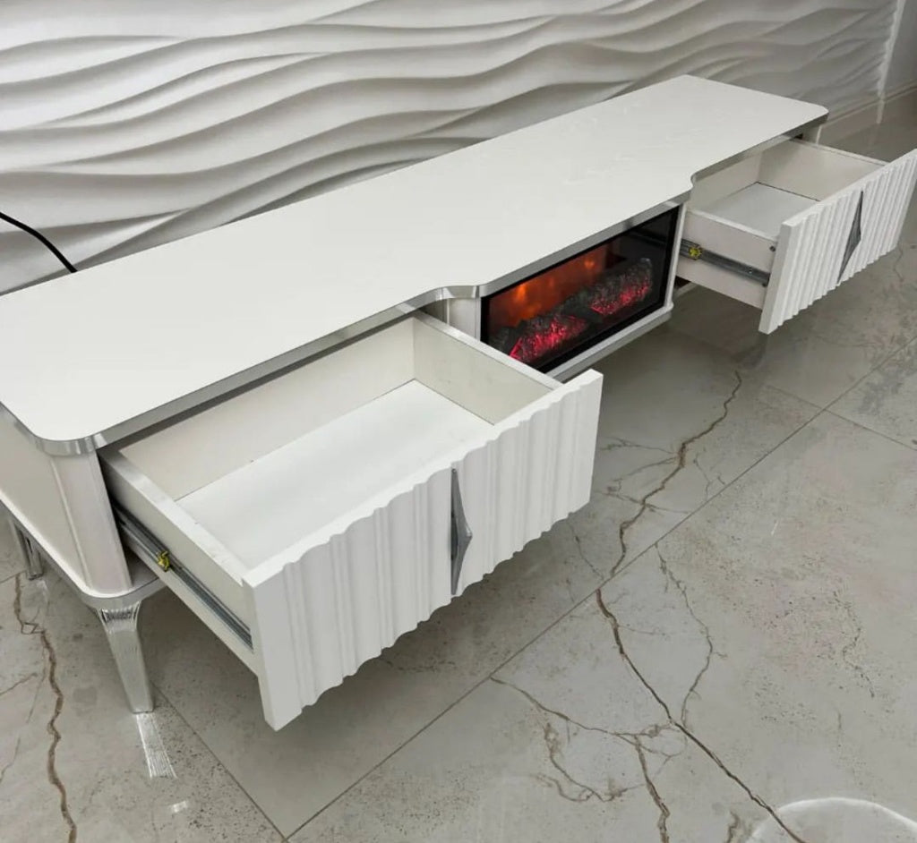 Mesa de TV con chimenea digital - COLOR BLANCO CON DETALLES EN PLATEADO