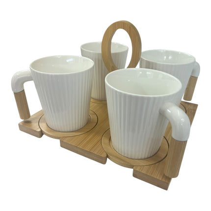 Set de 4 Tazas de Porcelana con Bandeja de Madera y Asa