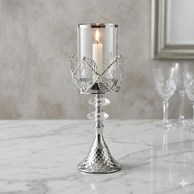Portavelas de Cristal y Metal Plateado con Detalles de Hojas