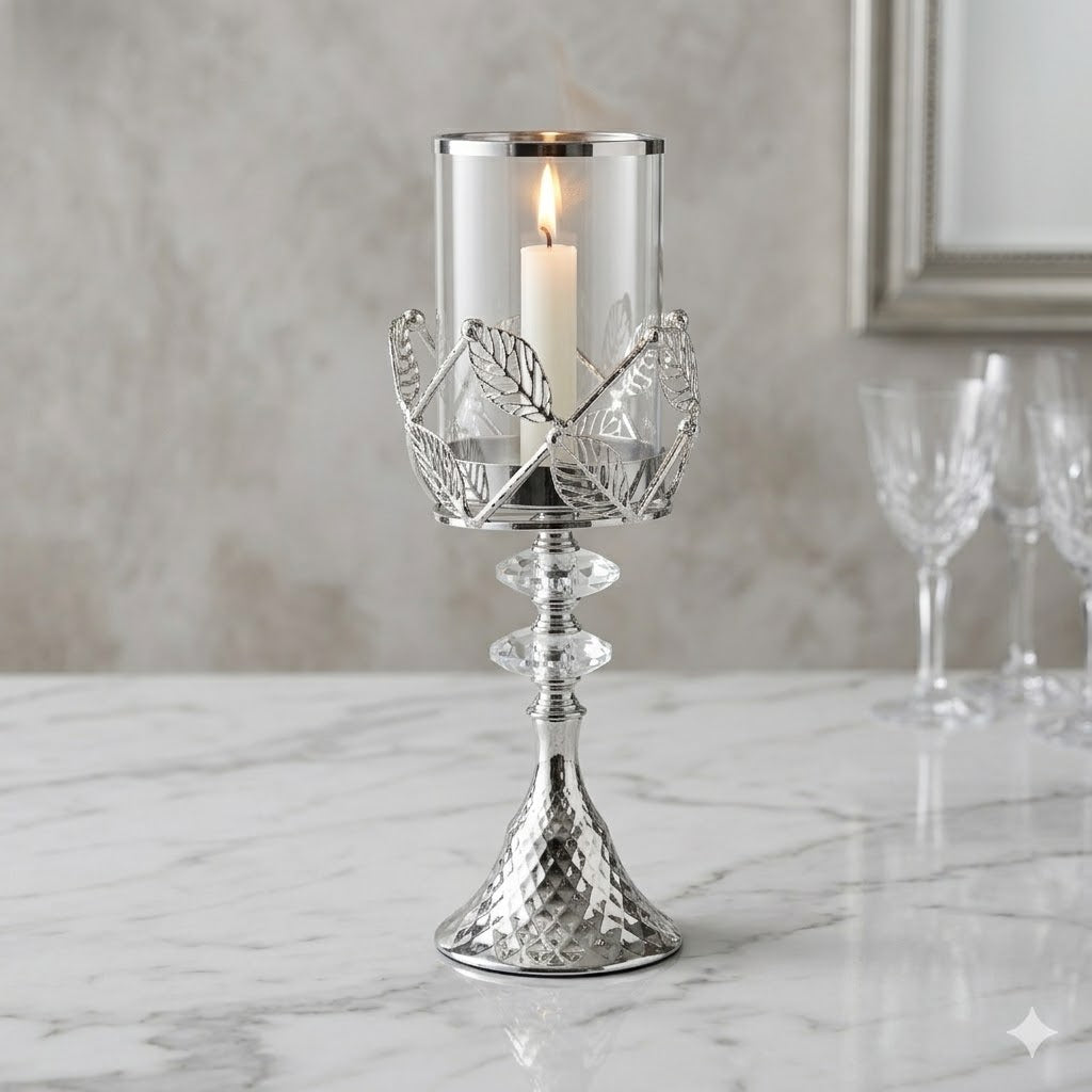 Portavelas de Cristal y Metal Plateado con Detalles de Hojas